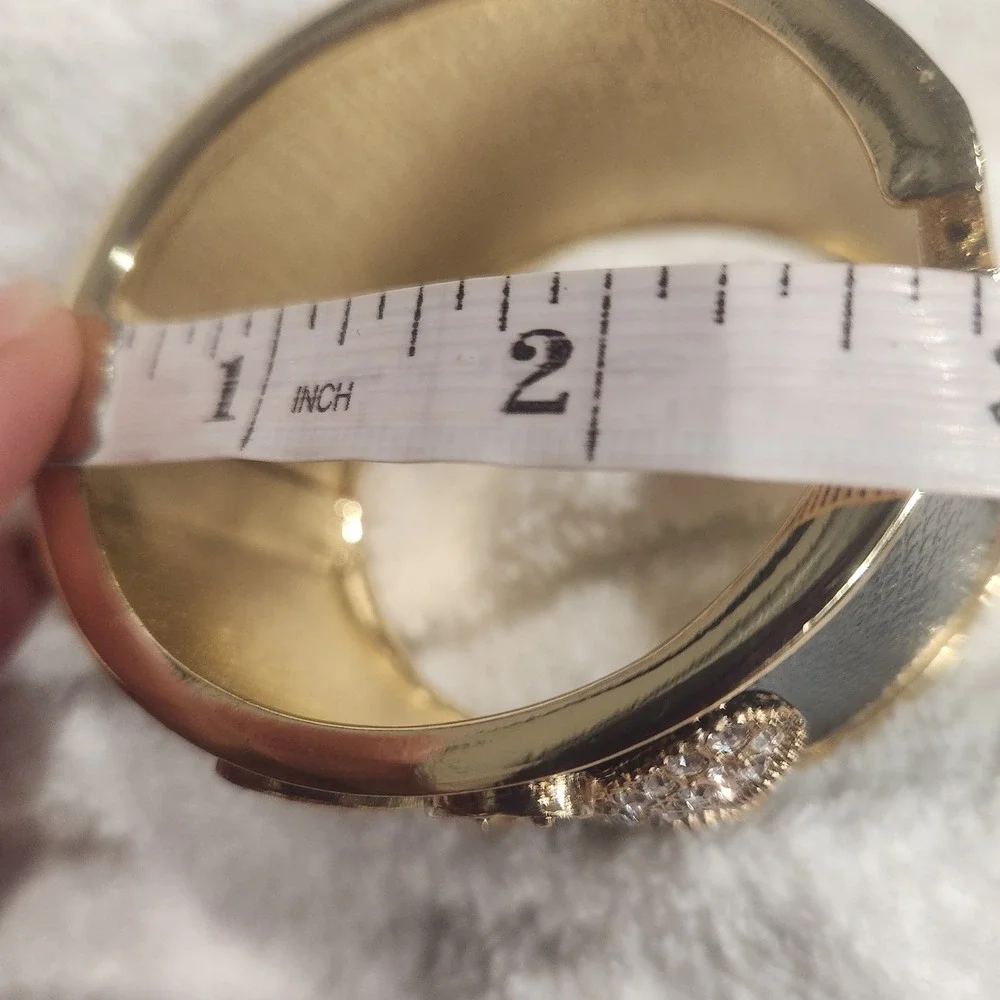 Gold Tone Rhinestone‎ Butterfly Black Faux Leather Inlay Hinge Cuff Bracelet